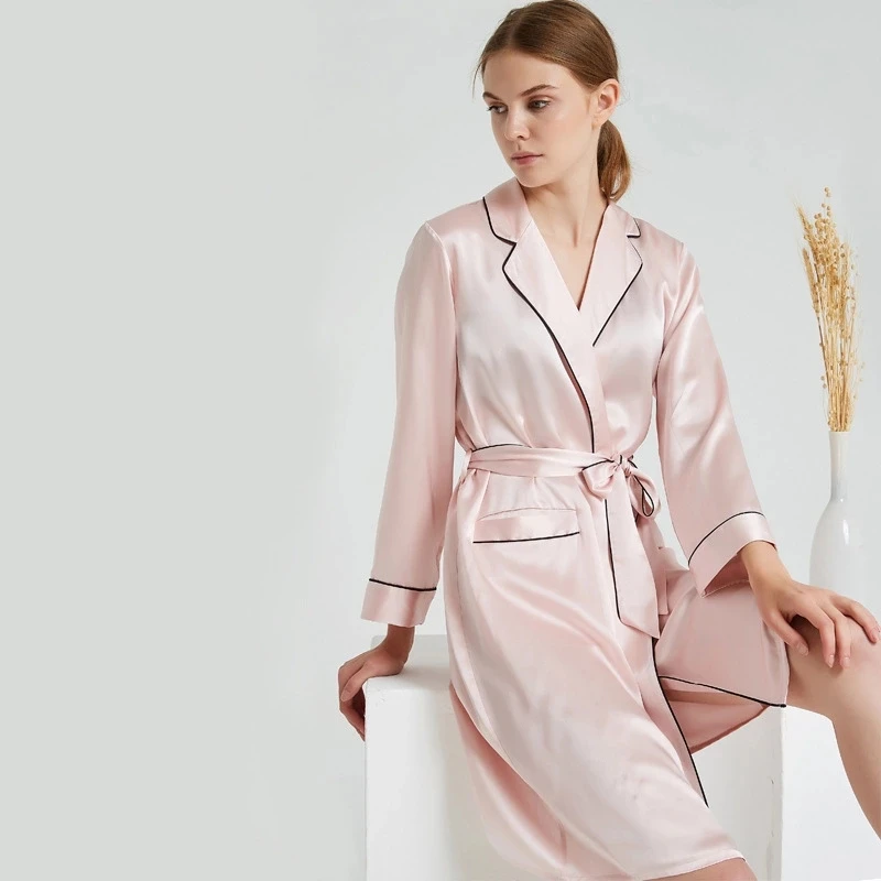 Wholesale Plus Size Sex Women Kimono Pure Silk Pink Satin Robe With