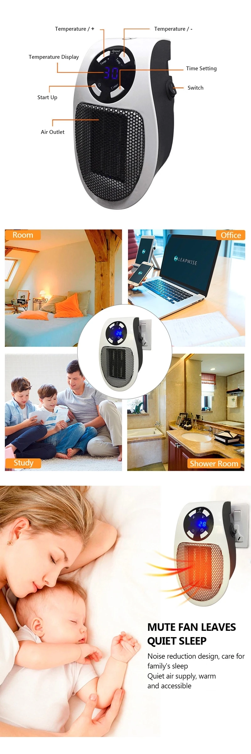 2020 hot selling quick heat warmer machine electric wall plug-in mini heater for indoor camping -HL5041