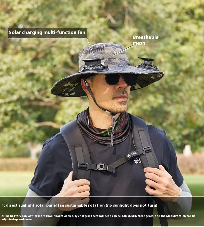 Men's Large Size Quick-Dry Sun Hat Outdoor Camping Hiking Fishing Solar Charging Fisherman Hat Wide Brim Portable Wearable Fans