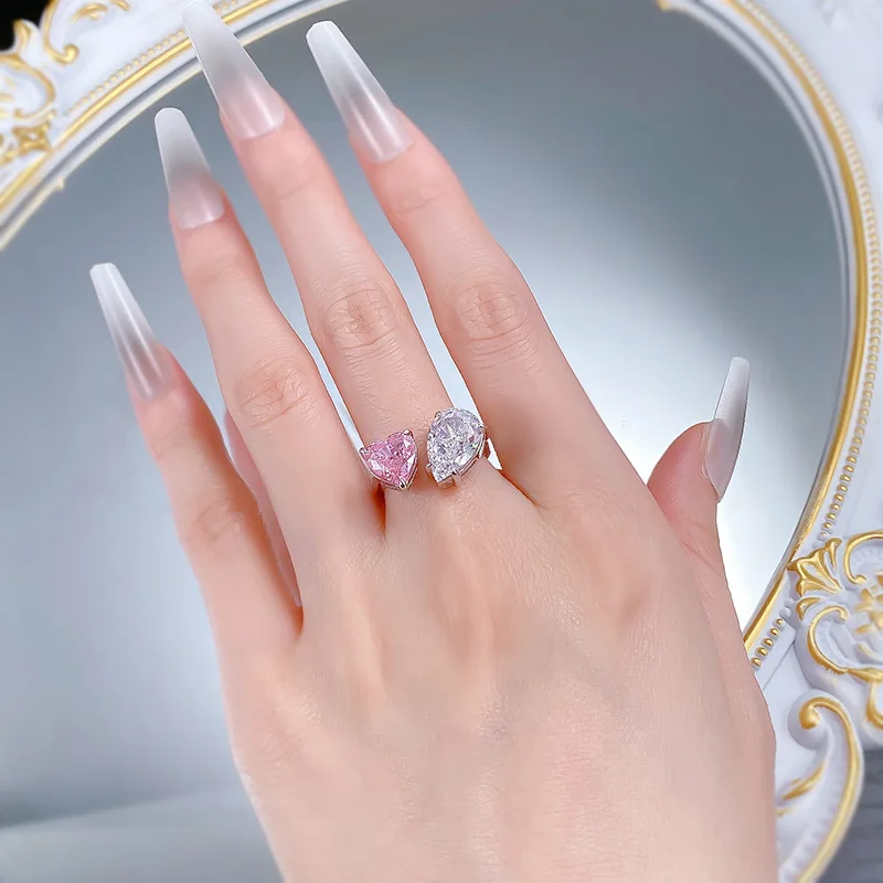2025 Open Ring High Carbon Diamond Water Drops Ice Flower Cut White Diamond Pink Diamond Raydean Rhodium Plated