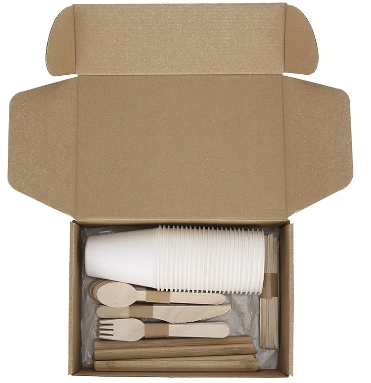 125pcs sugarcane plate birch wood spoon fork food lunch snack