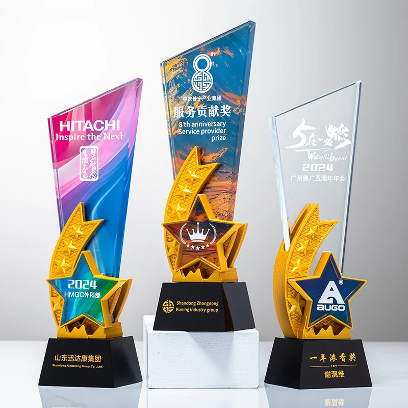 Fashionable Crystal Glass Sports Trophy Awards for Running Sports Color-Printed Laser Carved Honor Resin Metal Star Souvenir supplier