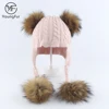 New Design Children's Raccoon Fur Ball Hat Cute Baby Knit Hat Winter Kids Four Racoon Fur Pom Pom Balls Beanie Hats For Winter