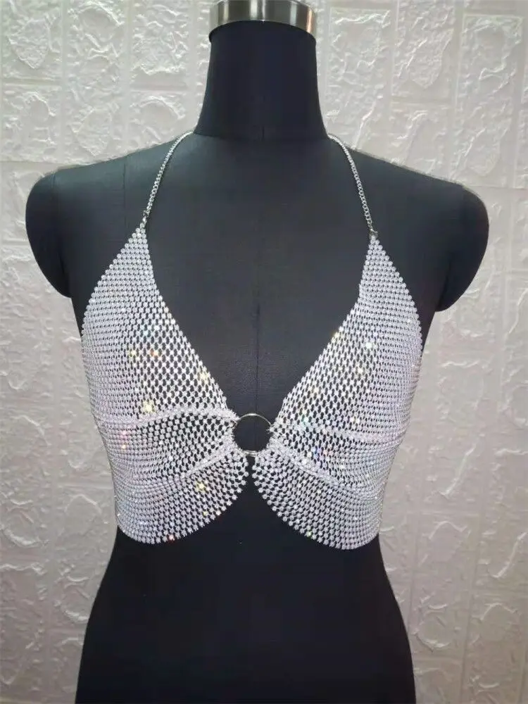 Shiny Ladies Rhinestone Mesh Top With Metal Sequins Deep V Hanging Neck ...