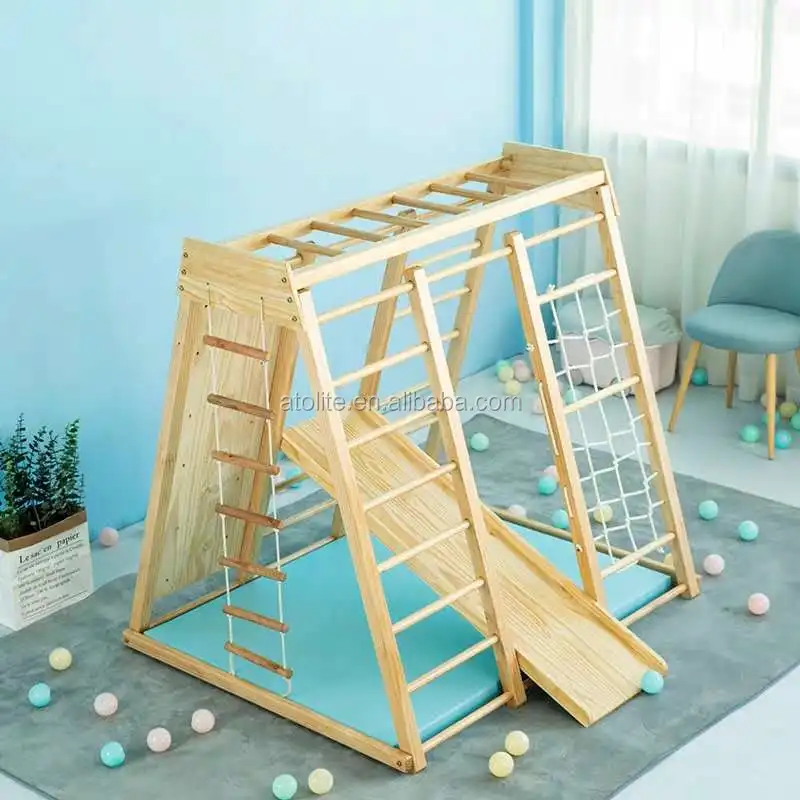 Children Indoor Slide With Wooden Climbing Frame And Swing For Kids