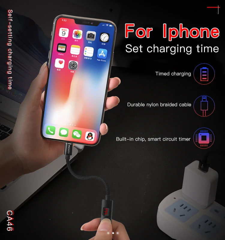 Timed Power Off 8 Pin 2.4A Charger Date Cable Cable Led Displayed Light Timing Charging Usb Cable For Iphone