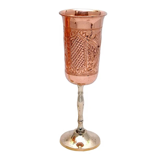 High Quality Copper Embossed Design Goblet With Brass Base And Shiny