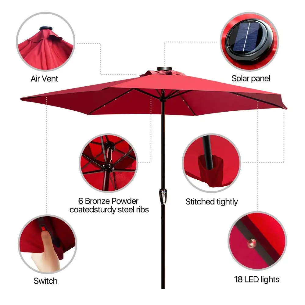 Patio Umbrella 9 ft Outdoor Market Table Umbrella with 18 Solar Lights and 8 Sturdy Ribs