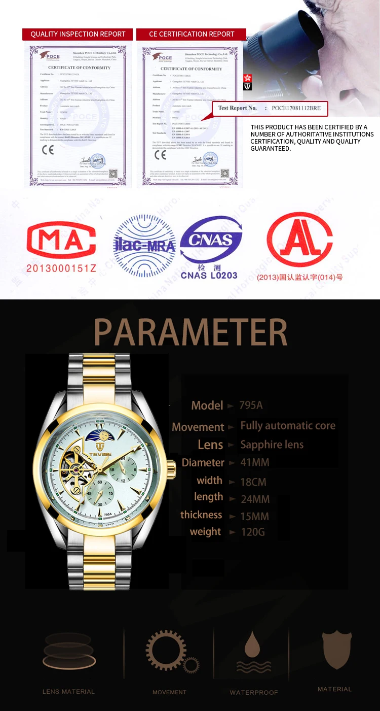 TEVISE 795A new design gold man mechanical watch potty steel Strap Waterproof moon phase full automatic business watch design