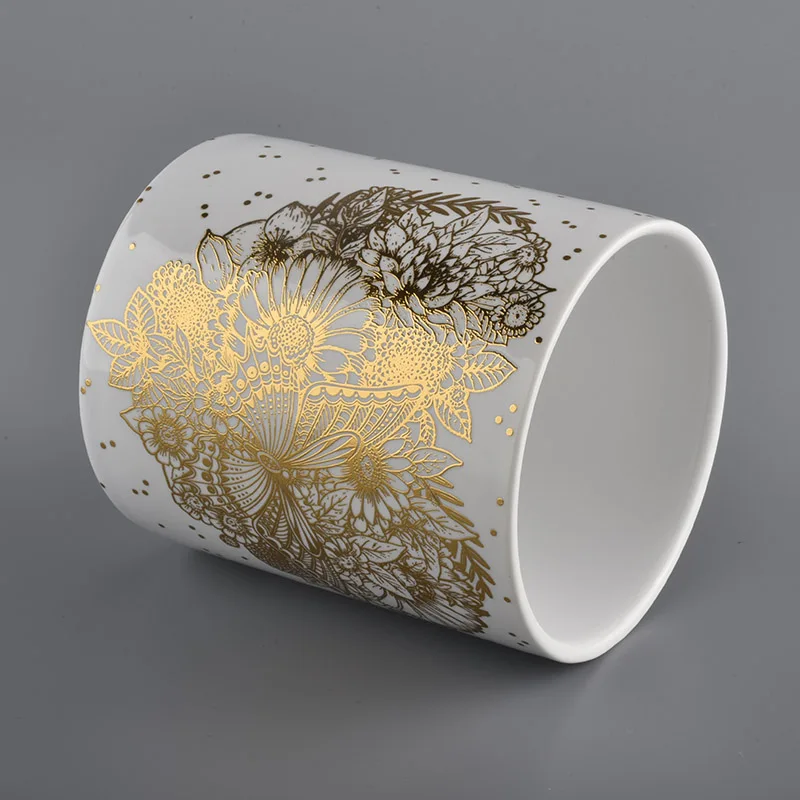 white ceramic candle jars with gold printing for Christmas