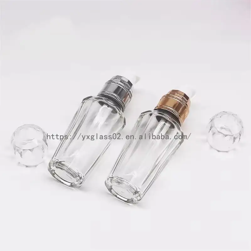 Factory Luxury cosmetic liquid-diamond shape foundation glass bottle make up container with squeeze pump 30ml50ml details