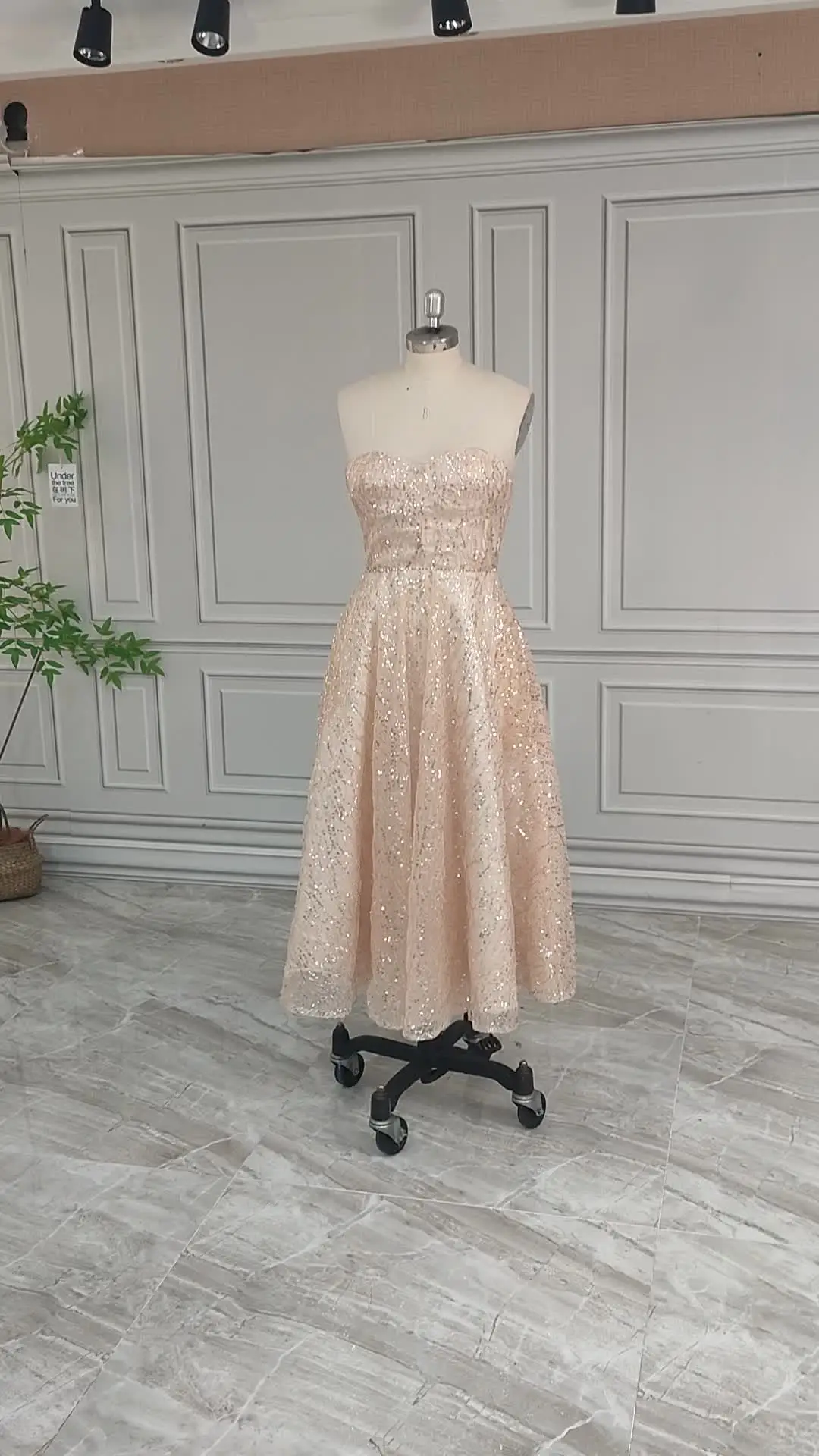 Real Photos High Quality Shiny Sequined Lace Evening Dress for Women  Engagement Strapless Champagne Party Gown