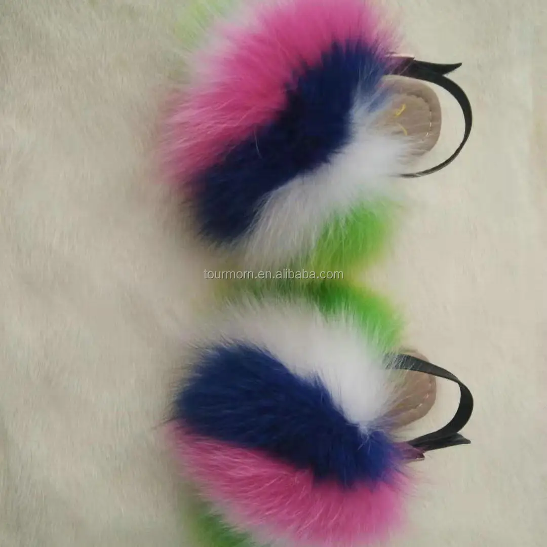 rainbow fox fur slides