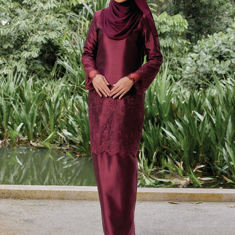 malaysia ladies dress Custom Satin Modern Women Muslim Lace Baju Kurung Full Long Sleeve Elegant Islamic Clothing Abaya Set whitemidimaxi