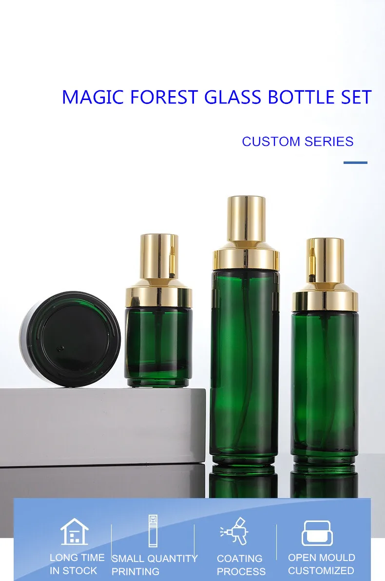 40ml 50pcs/lot green glass bottle with press pump wooden shape lid pump  lotion bottles for cosmetic packing - ShaoXing CosPack Store