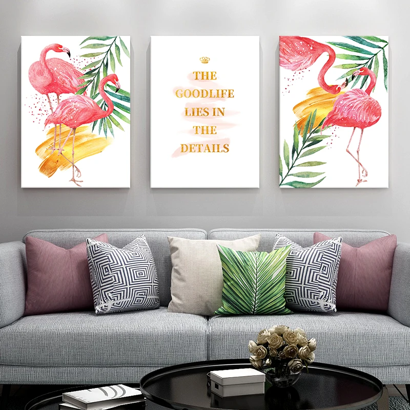 modern animal watercolor flamingo painting canvas printing service and frameless green plant wall art the living room