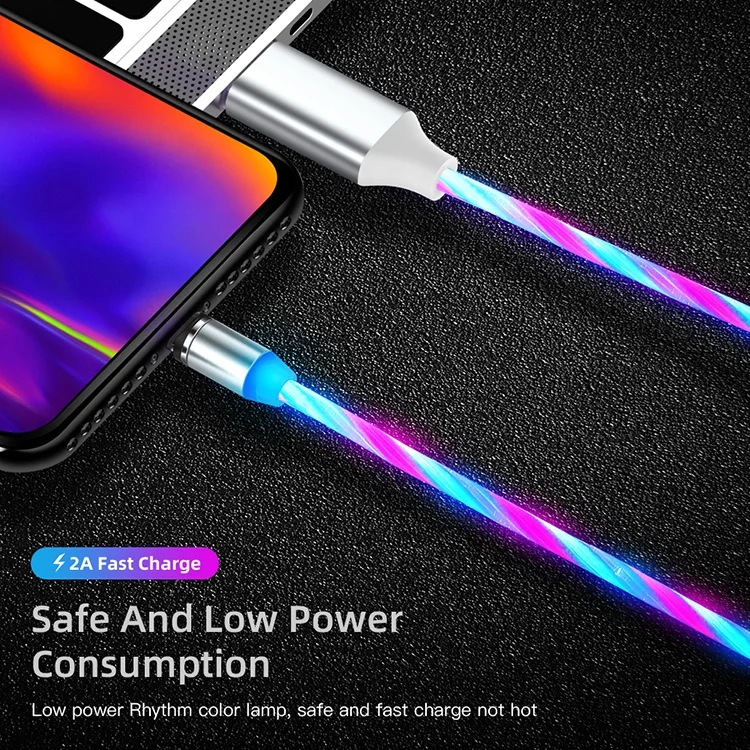 Flowing Light Led Magnetic Charging Cable Micro Type C Magnet Usb Cable Streamer Phone Charger Cable For Iphone