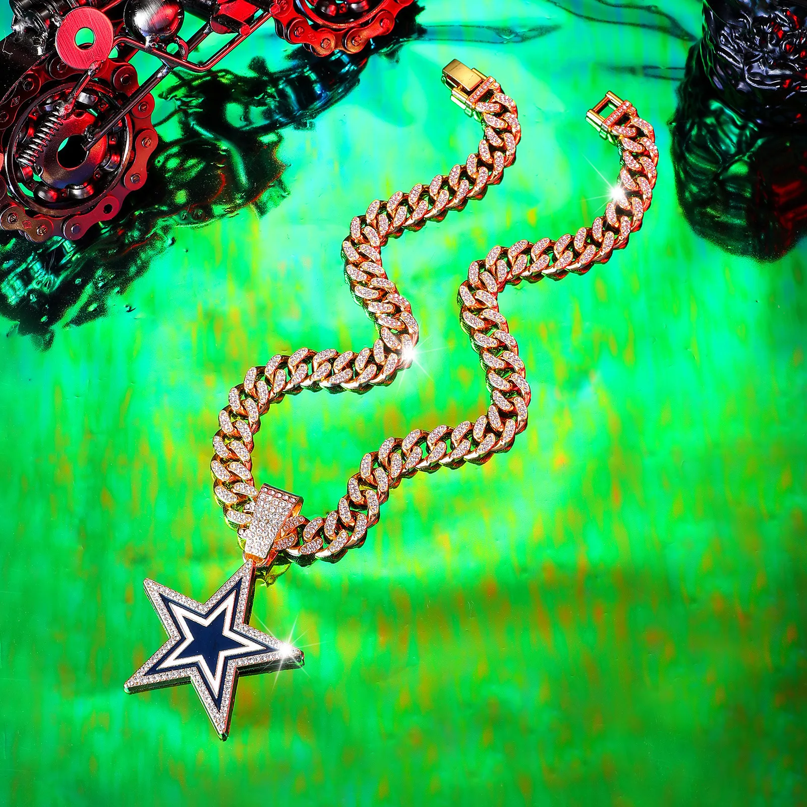 product european american style full diamond blue five pointed star pendant necklace fashionable hip hop design for men women for gift-8