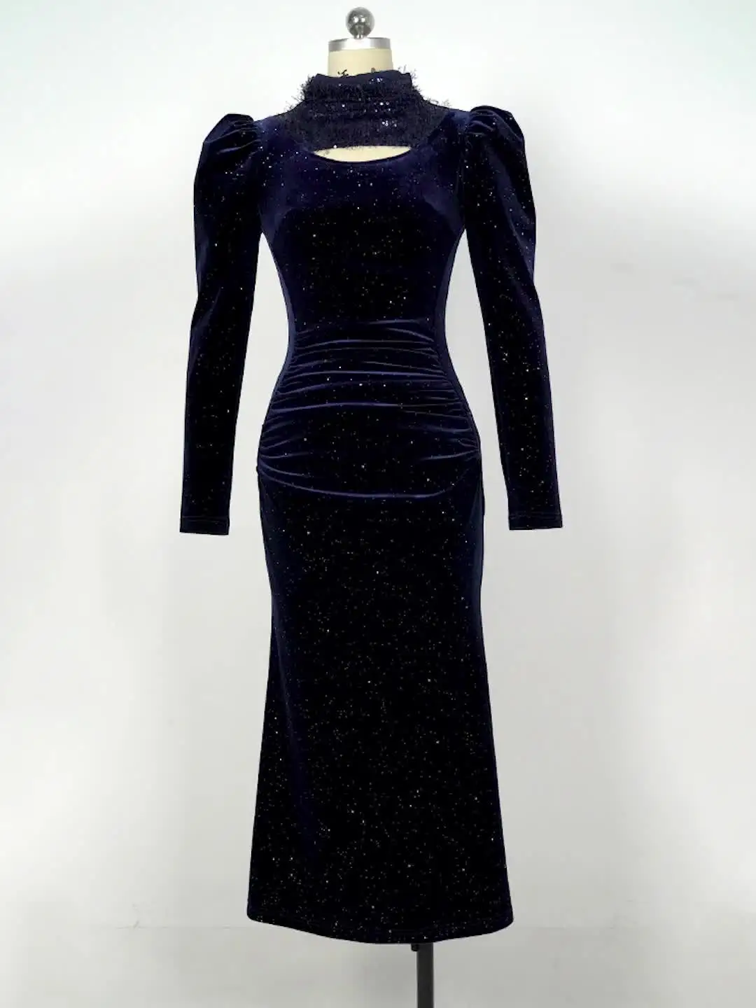 ZYHT 45019 Women Clothing Manufacturer Custom Blue Velvet Dress for Women  Long Sleeve Formal Evening Ladies Dinner Dresses