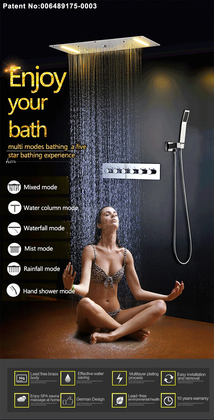 Luxury Concealed High Pressure 5-settings Waterfall Spa Mist Thermostatic Ceiling Mounted Rain Column Bath Faucets Shower Set