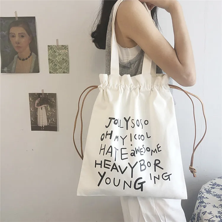 Wholesale young girl custom letter canvas tote bag with strings