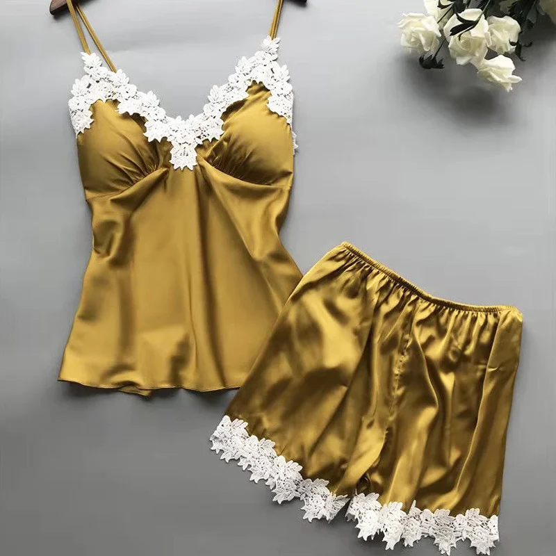 Femmes Sexy dentelle Lingerie vêtements de nuit en satin de soie pamas sous-vêtements nuisette vêtements de nuit courts 2 pièces ensemble_voghion.com