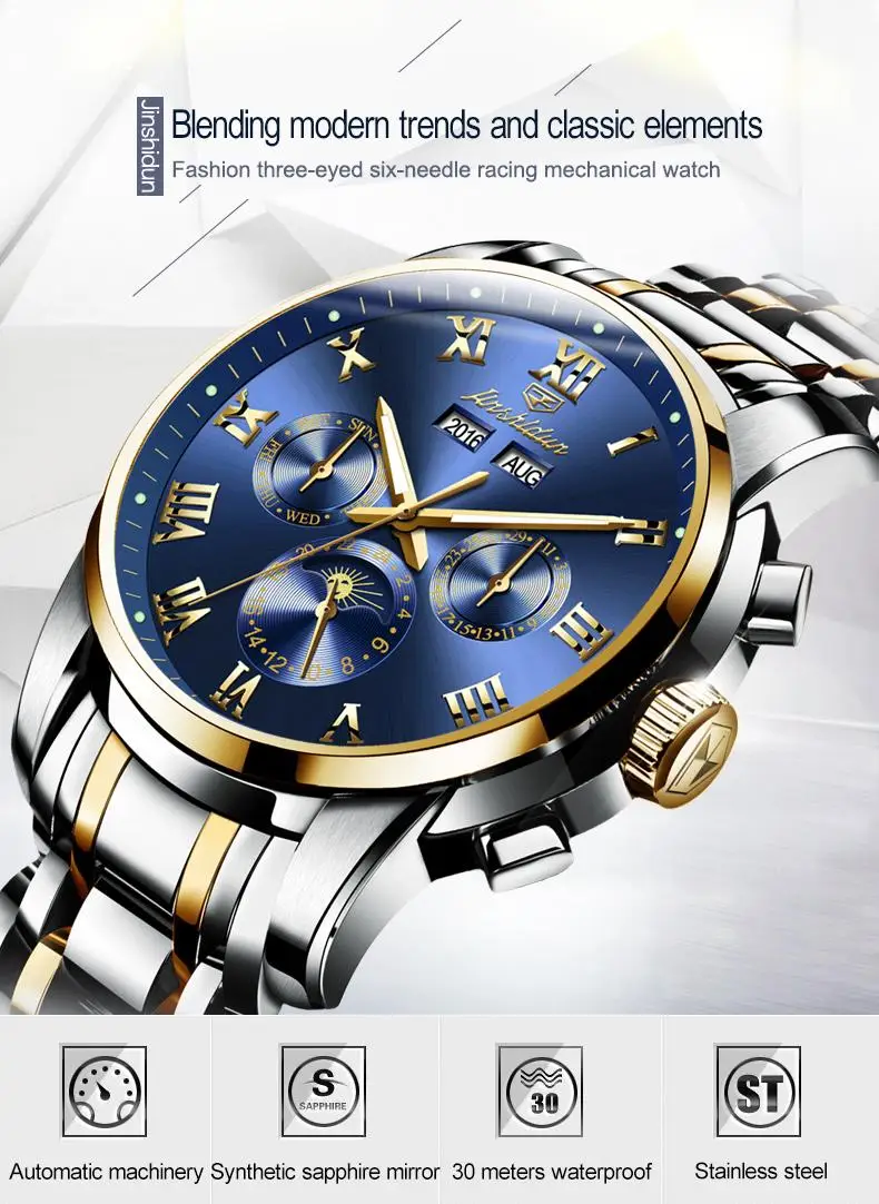 JSDUN Mechanical Watch Complete Calendar Automatic Analog Watch Stainless Steel Luxury Shenzhen Men 2020 Alloy Round 8 Colors