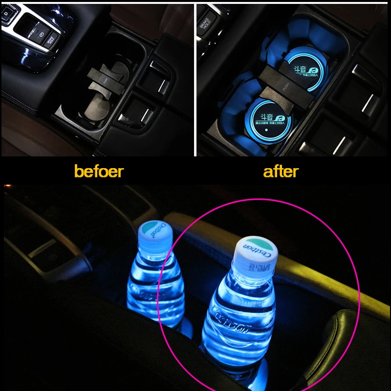 Car Led Cup Holder Pads Light Mats Bottle Coasters 7 Colors Car Logo