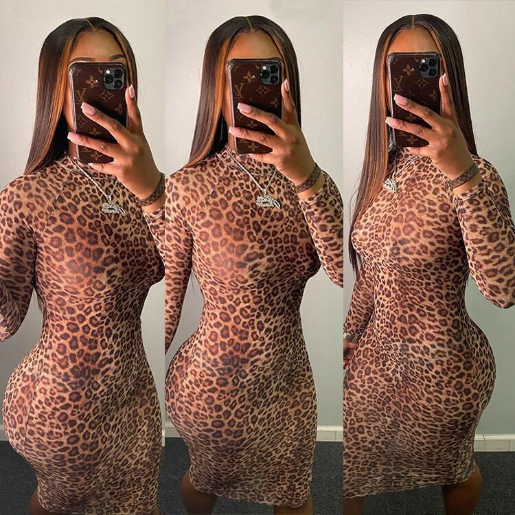 Latest Design leopard Bodycon Sexy Long Sleeve Fashion Clothing For Women Dresses Woman Casual long maxi Dress