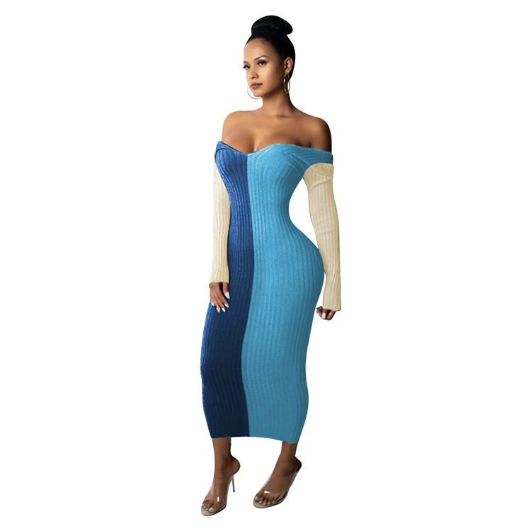 New Arrival Elegant Contrast Color Off Shoulder Long Sleeve Knit Maxi Long Women Dresses Girl Casual dress