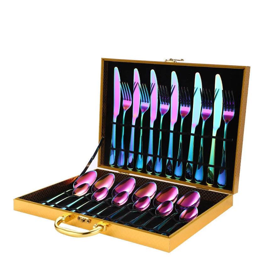 
Luxury PVD coating rainbow cutlery wooden box stainless steel colorful flatware set 