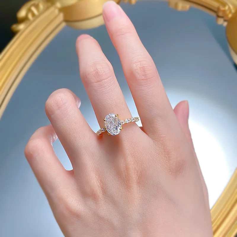 Luxury Ring European American S925 Silver Inlaid with High Lab Diamond 7*10 Oval Geometry Net Red Jewelry