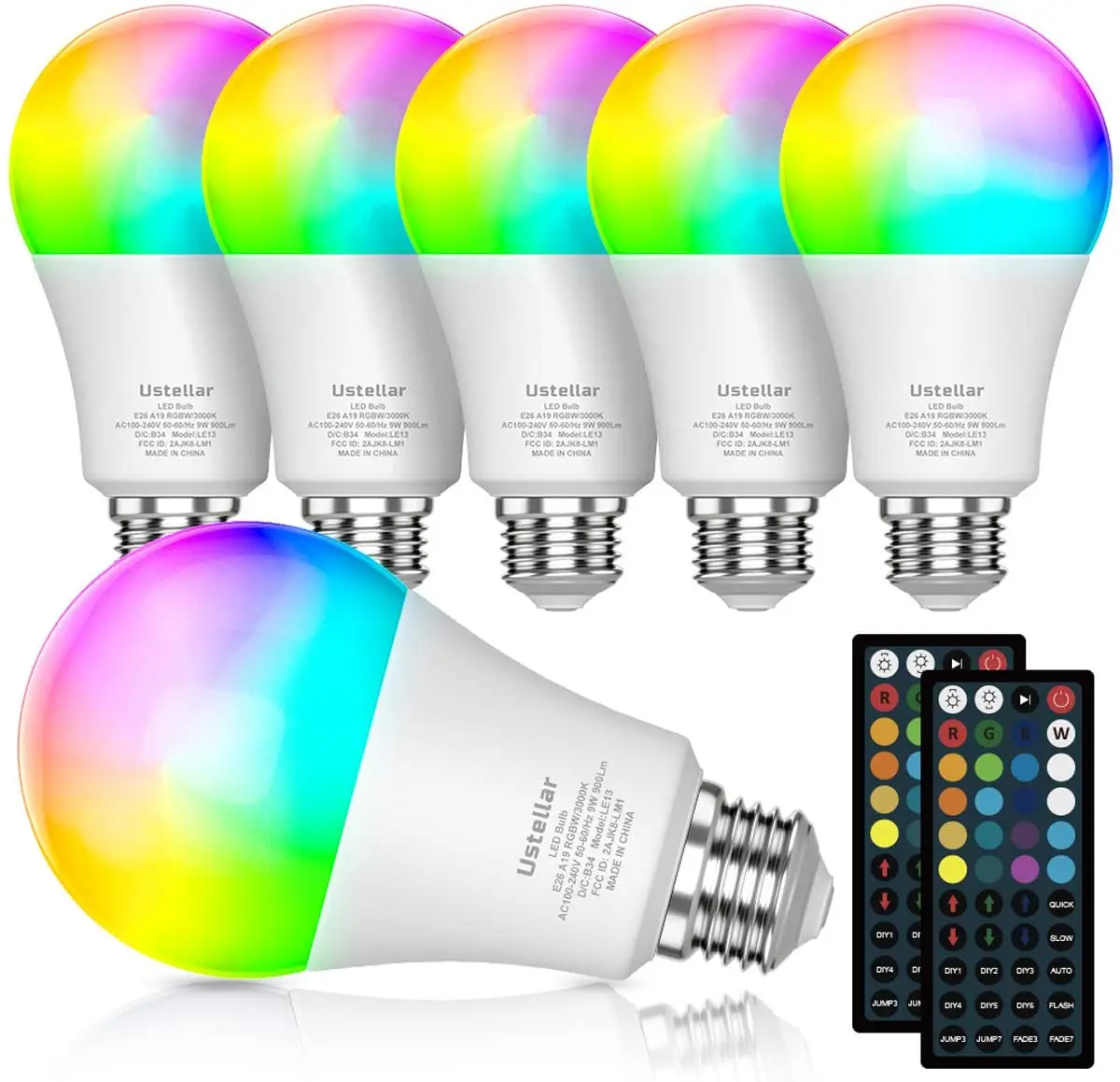 9W 6Pack RGB LED Light Bulbs with Remote, 900LM Dimmable E26 Screw Base RGBW Color Changing Light Bulb