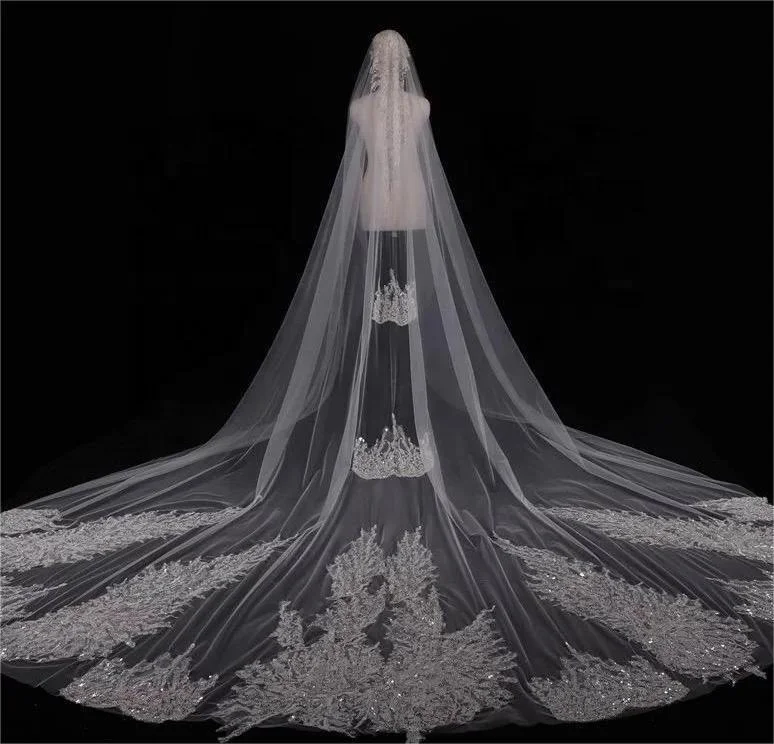 Luxury Glitter One Layer Long Trail Cathedral Wedding Veil Bead Lace Applique Edge Bridal Veil 9020