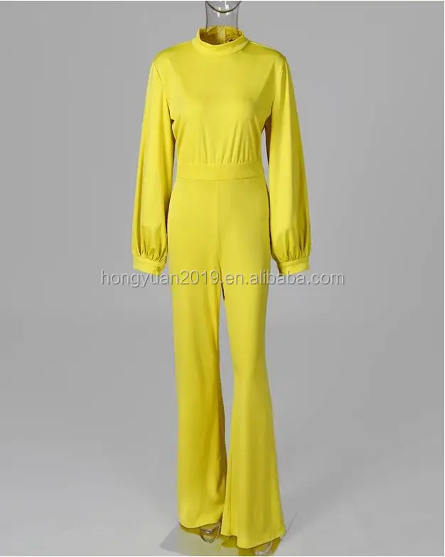 solid lantern sleeve mock neck jumpsuits