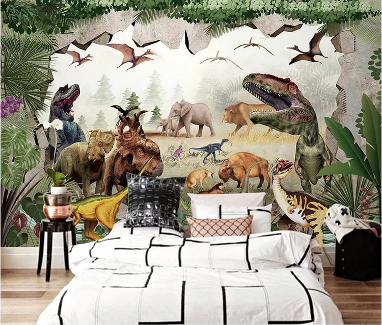 Murales de pared de dinosaurios con escena de habitación de lujo, papel  tapiz, arte generado por ia