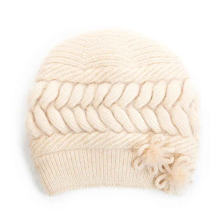 China Wholesale Ladies Elasticity Twist Design Wire Cap Beanie Warm Winter Flower Small Pompom Knitted Hat