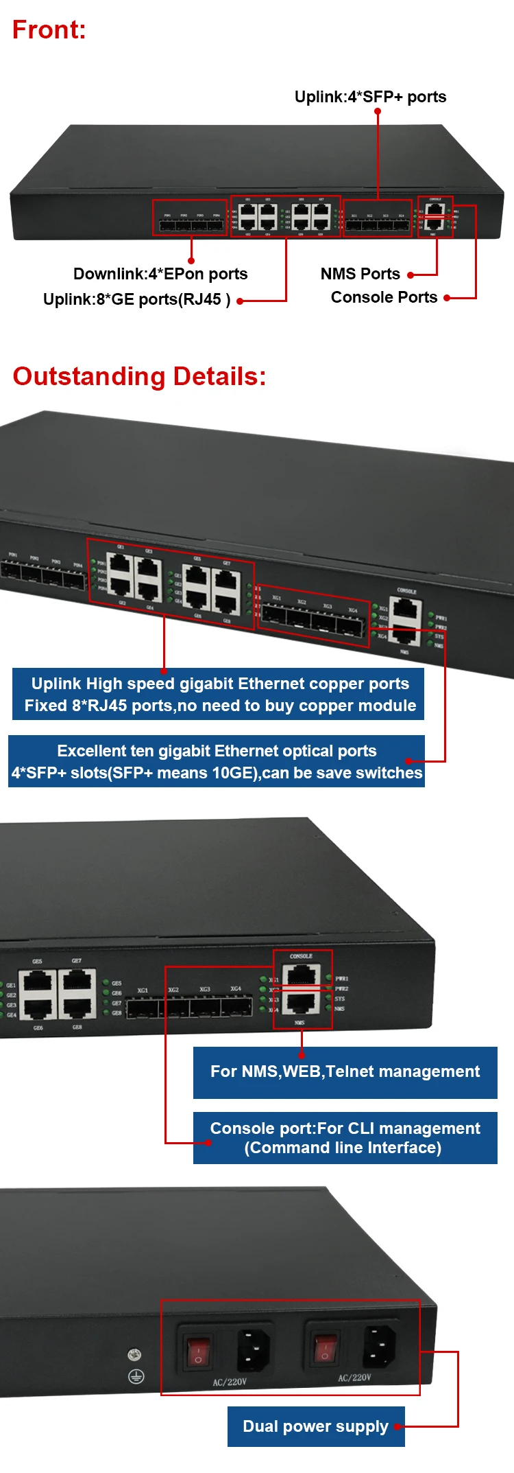 Support Optic network 1U 4pon port epon olt device 10G gepon olt system