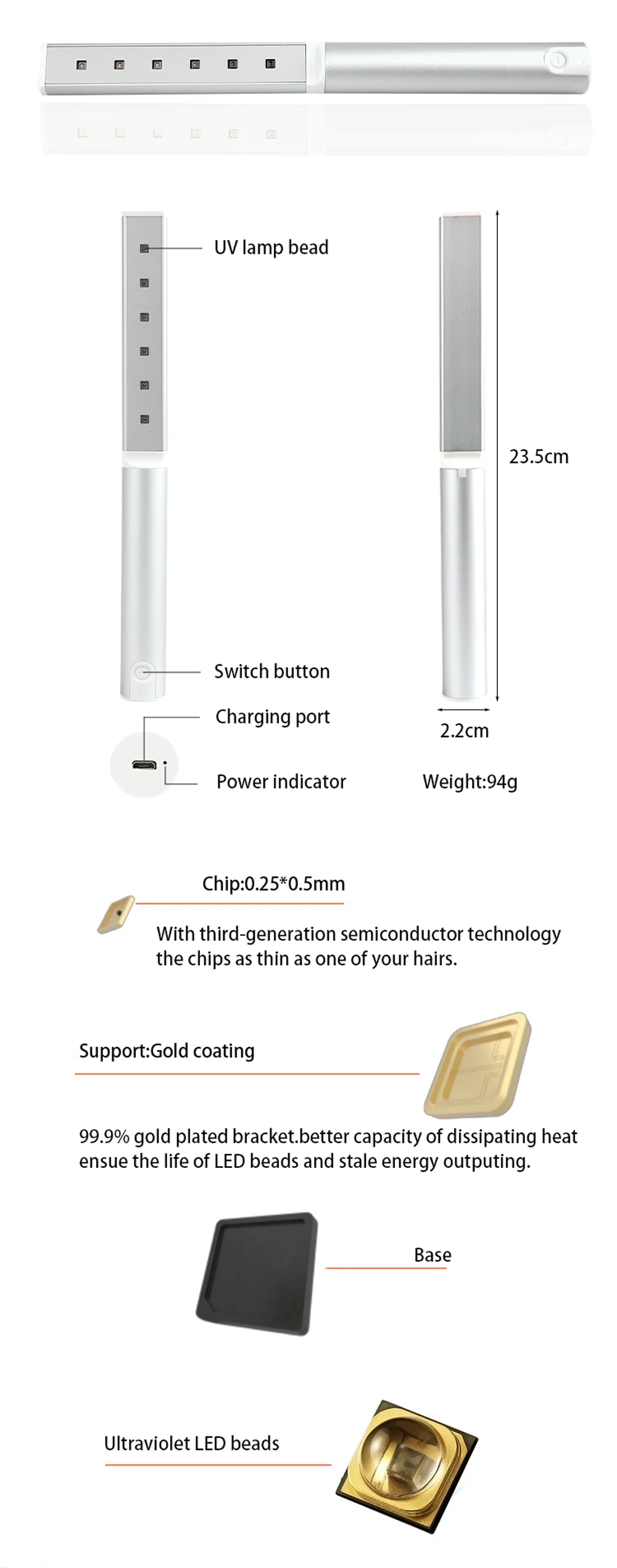 Handheld Rechargeable uv lamp sterilization disinfection led uv sterilizer light manufacture