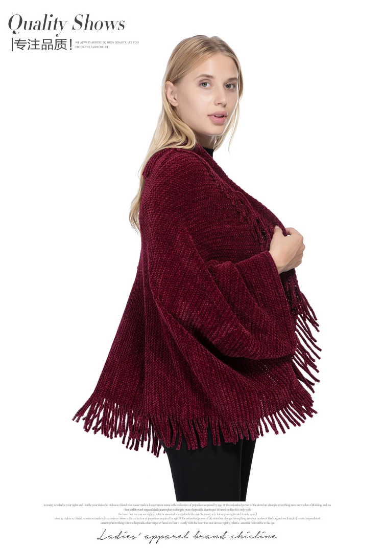 wholesale winter European and American fashion open 100% polyester tricot knitted women poncho chenille sweater knit shawl