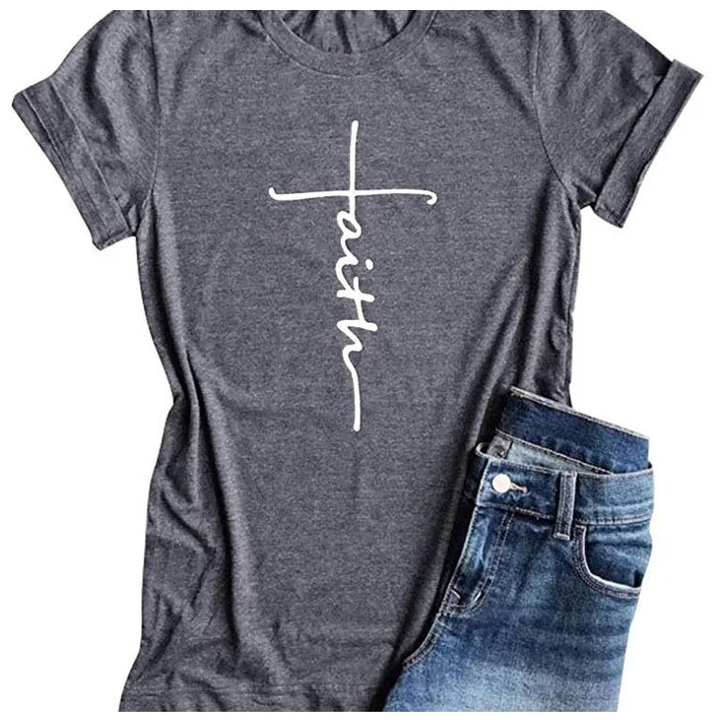 Women's Faith T-shirt Casual Short Sleeve Side Button Letter Printed ...