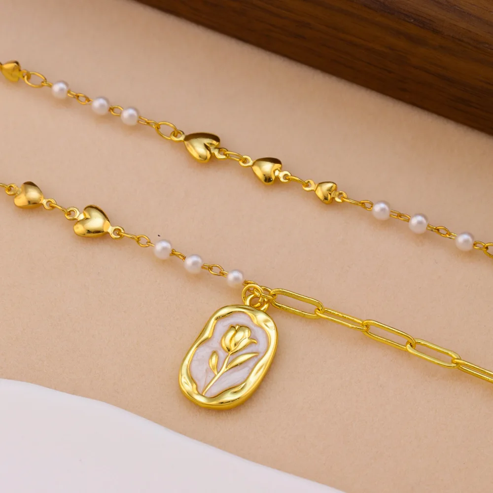 product gold plated  non fading flower earrings heart shaped chain style pearl collar chain womens fashion pendant necklace-2