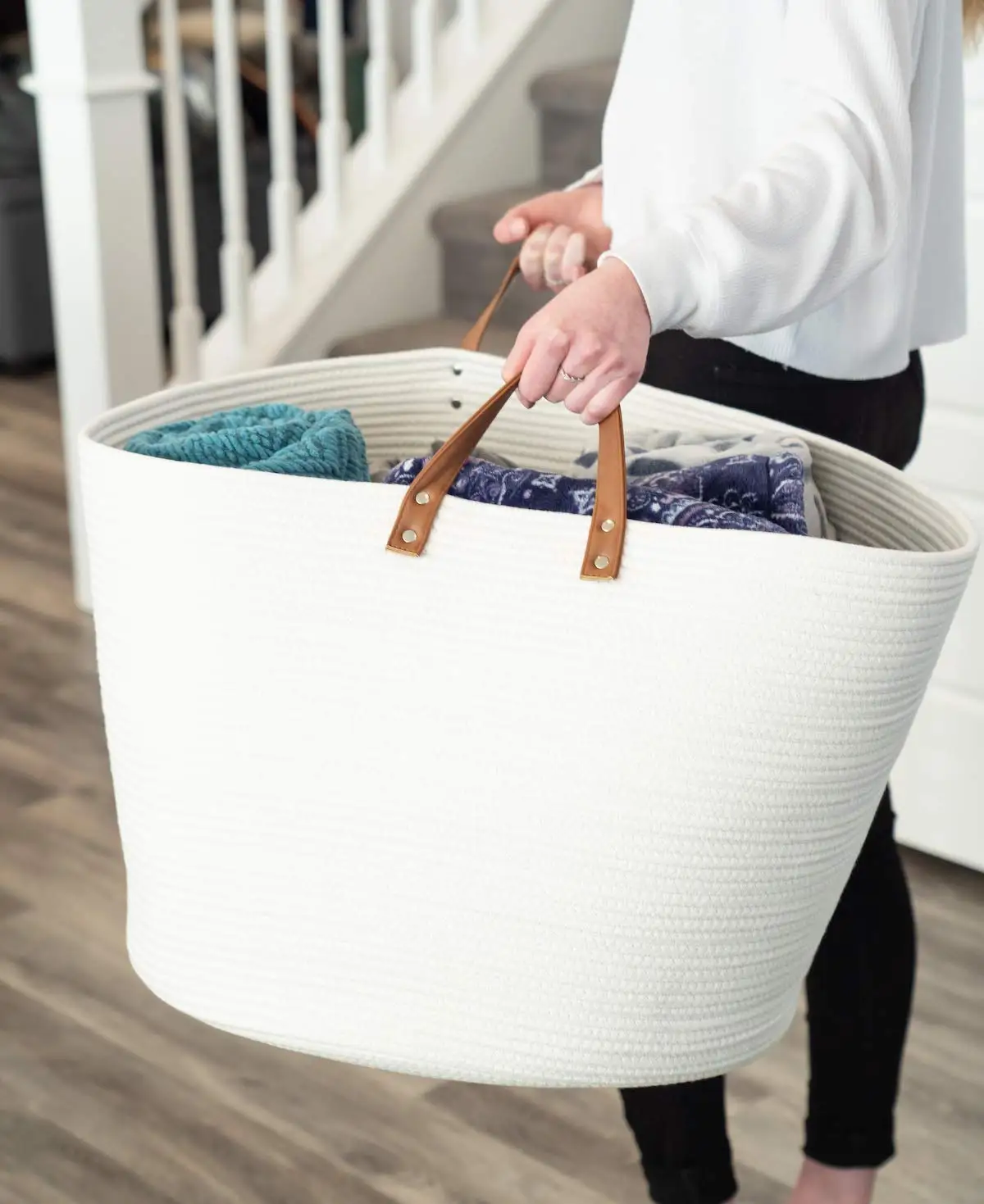Large Woven Cotton Rope Storage Basket With Strong Handle,Folding