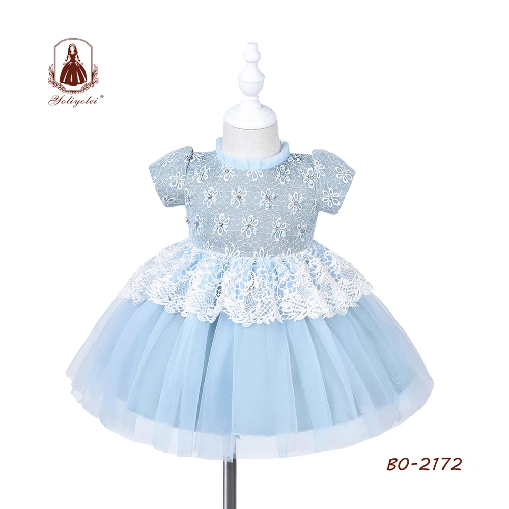 Summer Girls Children Embroidered Cotton Sky Blue Aline Lace Layered