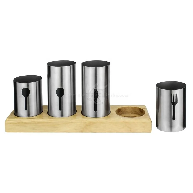 Metal Cutlery Holder Set Stainless Steel Flatware Bamboo Wood Base Forks Knives Spoons Dining Kitchen Cutlery Holder
