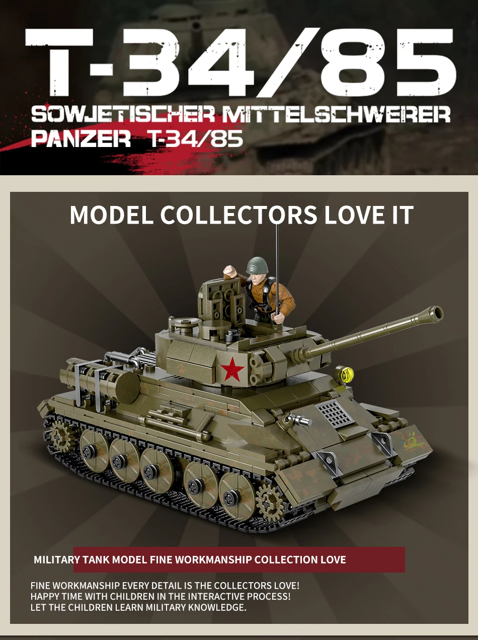 854pcs T-34/85 Display Tank Model Building Blocks Bricks Military WW2 WWII Gift 