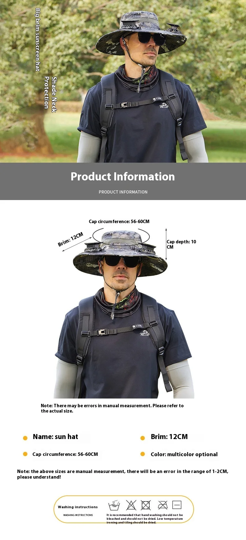 Men's Large Size Quick-Dry Sun Hat Outdoor Camping Hiking Fishing Solar Charging Fisherman Hat Wide Brim Portable Wearable Fans