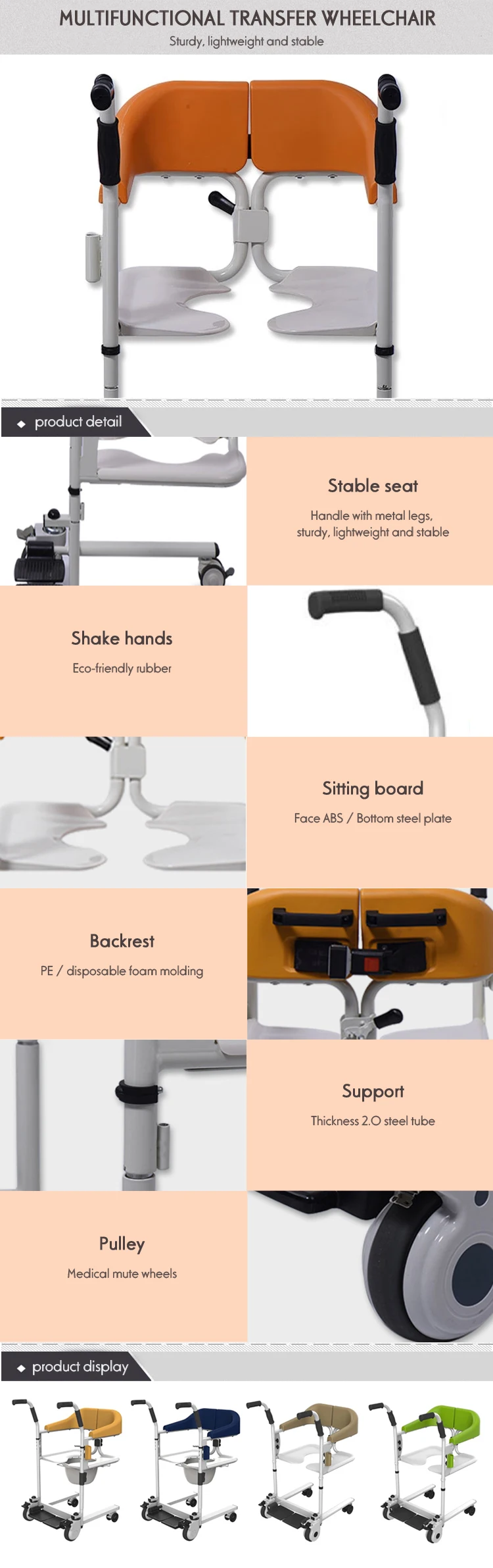 Ujoin Multifunctional Hospital Folding Commode Shower Chair With Wheels