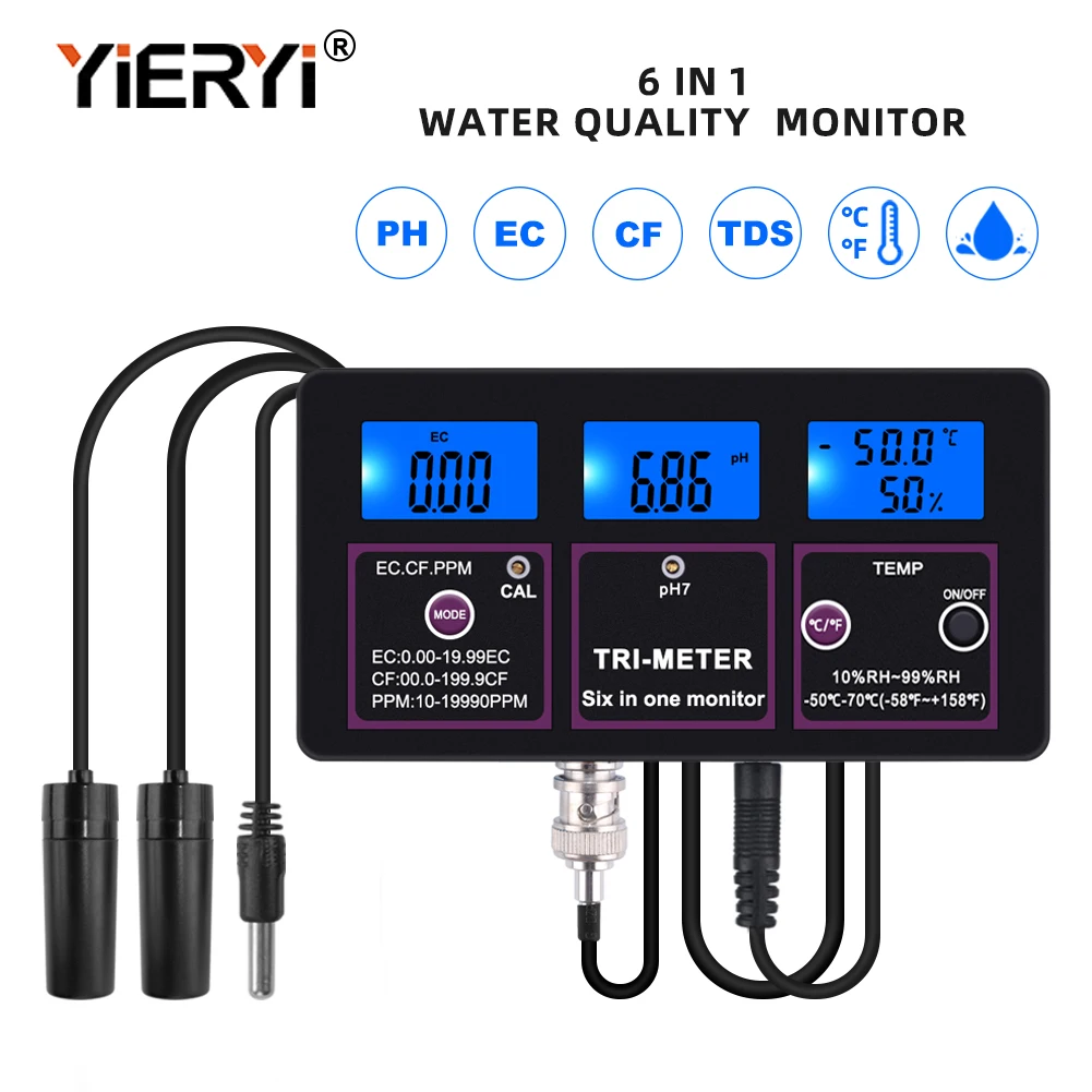 Máy Kiểm Tra Chất Lượng Nước 6 Trong 1 Máy Đo PH Đa Tham Số PH/Nhiệt Độ/EC/CF/RH/TDS