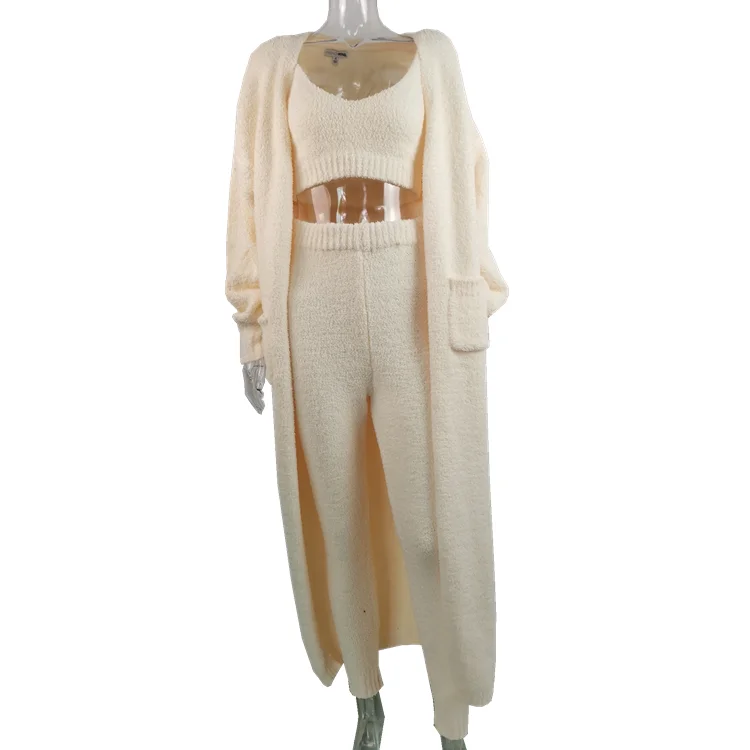 
Available Best Design Sweater cardigan Robe Knitted Long Pants Crop Tops High Quality 3 pieces set women knitted sweater suits 